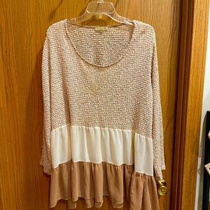 Tan and white sweater with silky hem